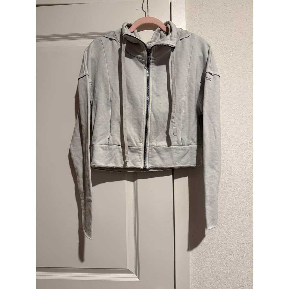 Alo Yoga Hype Full Zip Hoodie Light Grey Cropped French Terry XS